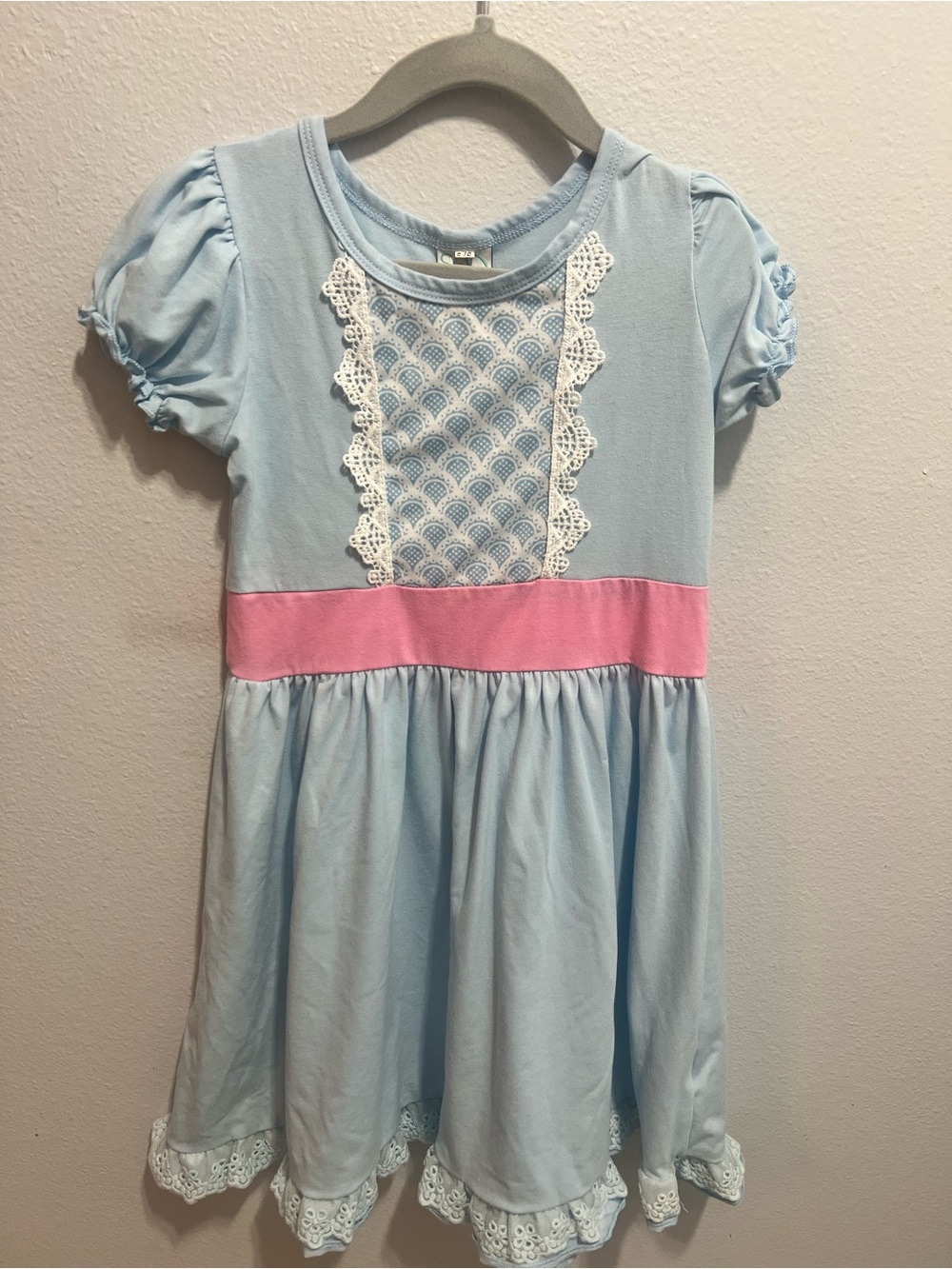 Girls Light Blue Dress with Pink Waistband 5/6